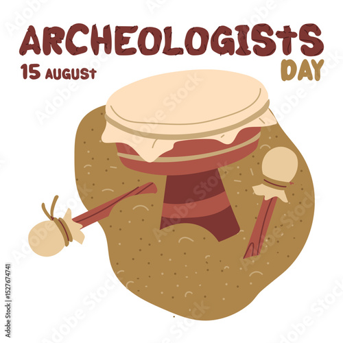 Archaeologist's Day is August 15th. A drum made of animal skin in the sand. Flat color illustration. The history of human activity. for postcards, posters, articles, blogs, educational materials