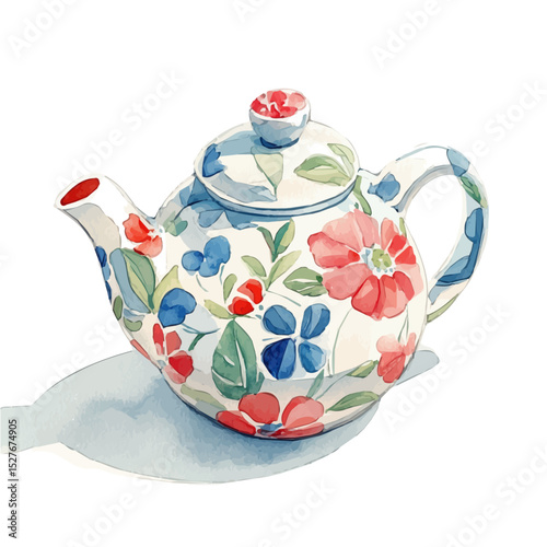 watercolor of Floral Porcelain Teapot, vector high quality, isolated on a white background.