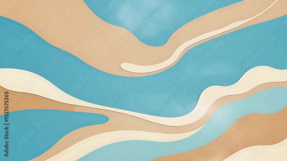 Abstract layered image wavy shapes of blue tan and white create an ocean  sandlike pattern with subtle texture