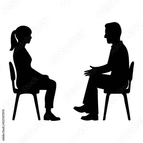 A man and  women meeting and sitting on chair full black silhouette vector illustration design