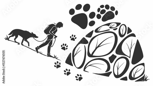 Hiking Dog Walker: Silhouette Illustration of Person and Canine on Trail with Paw Prints and Leaves