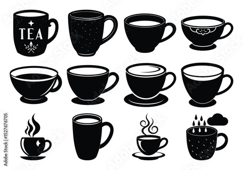 Silhouette Tea and Coffee Cups Icon Set – Black Vector Mugs for Hot Beverages and Café Design on white background 