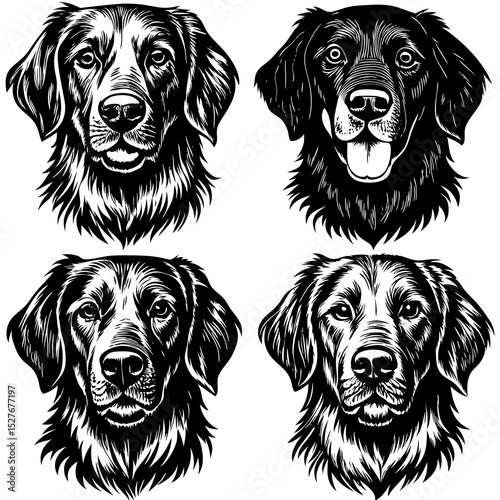 Four black and white dog head illustrations