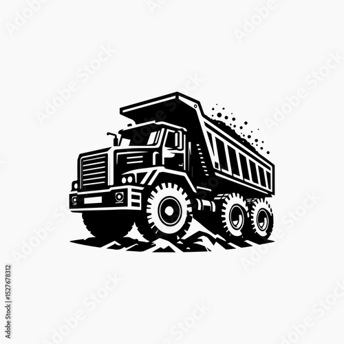 Powerful construction vehicle logo featuring dynamic dump truck silhouette carrying load of excavated material