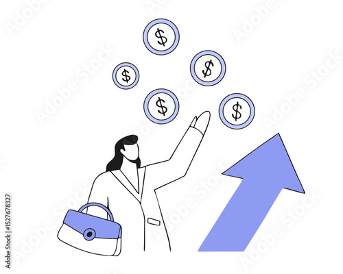  Businesswoman holds bag and catches falling money. Make money concept. Salary, growth profit or monetization skills. Successful investor or trader isolated on white background.