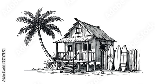 Hand Drawn Tropical Beach Shack - Vector Surf Hut Sketch