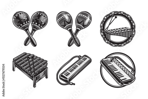 silhouette of piano and others Instruments bundle on the white background 