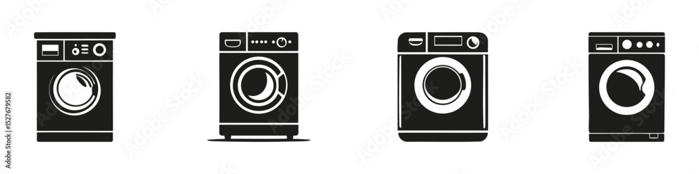 Washing Machine Silhouettes In Icon Set. Home Appliance And Laundry Equipment Symbol Collection. Household And Domestic Use. Isolated Vector Illustration Washing Machine Silhouettes In Icon Set. Home Appliance And Laundry Equipment Symbol Collection. Household And Domestic Use. Isolated Vector Illustration