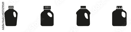 Detergent Bottle Silhouettes In Icon Set. Household Cleaning Product And Packaging Design Collection. Consumer Goods And Branding Use. Isolated Vector Illustration