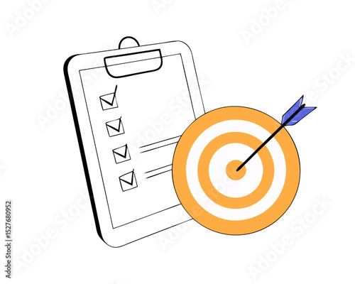 Clipboard, checklist and target with arrow icon. Project management. Goal settig, effective planning, successful targeting 3d