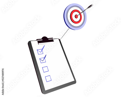 Clipboard, checklist and target with arrow icon. Project management. Goal settig, effective planning, successful targeting 3d