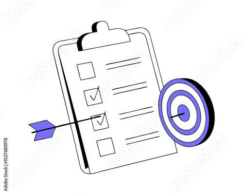 Clipboard, checklist and target with arrow icon. Project management. Goal settig, effective planning, successful targeting 3d