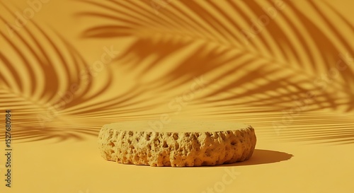 Golden Hour Product Display Sun-Drenched Platform with Palm Leaf Shadows for Elegant Product Showcase