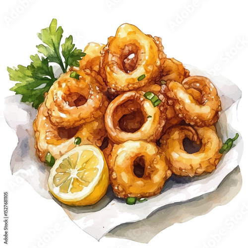 Fried Calamari, watercolor clipart vector, high quality, isolated on a white background.