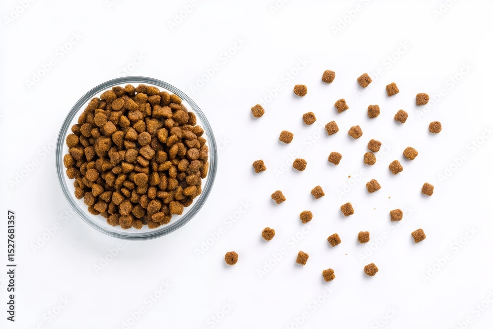 Brown pet food kibble in transparent glass bowl on white background, natural nutrition concept for pets Brown pet food kibble in transparent glass bowl on white background, natural nutrition concept for pets