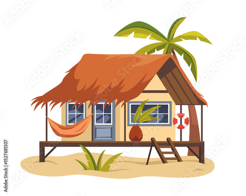Vector beach house or tropical hut. Wooden bungalow with palm tree, hammock. Cabana or summerhouse on coastal island, shack or shelter. Sea and ocean, water holiday. Shore architecture symbol.