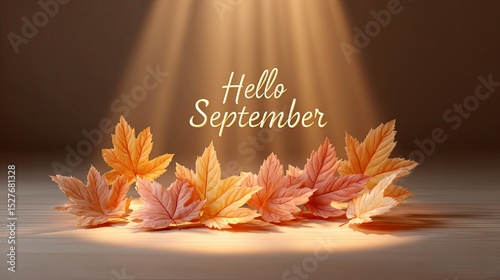 Seasonal Vibe Hello September, Beautiful autumn leaves welcoming the arrival of September. Hello September with Pastel Autumn Leaves and Golden Light, Soft Fall Leaves for Hello September