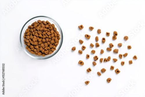 Dry pet food kibble in clear glass bowl, top view on white background. Pet nutrition and feeding concept.