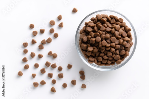 Brown Pet Food Grains Spilling from Glass Bowl on White Background, Macro Food Photography.