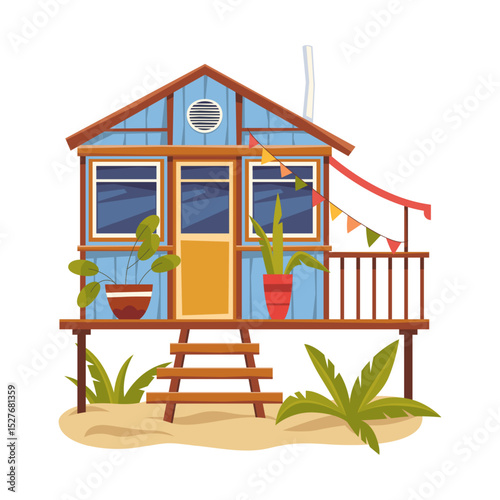 Surfer or beach house. Vector summer hut or sea, ocean shore bungalow. Marine tropical architecture. Seaside or marine resort. Summerhouse on island outdoor. Adventure and holiday, vacation element.