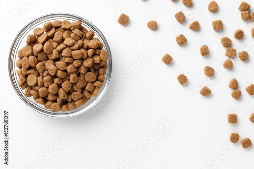 Brown pet food kibble in transparent glass bowl on white background, natural nutrition concept for pets