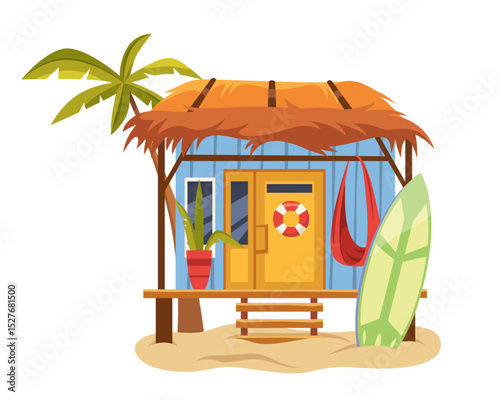 Sea or ocean beach house. Vector bungalow at seashore. Island coastal hut with surfboard. Seaside holiday cabana with palm tree. Exterior summer architecture on shore. Vacation and leisure summerhouse