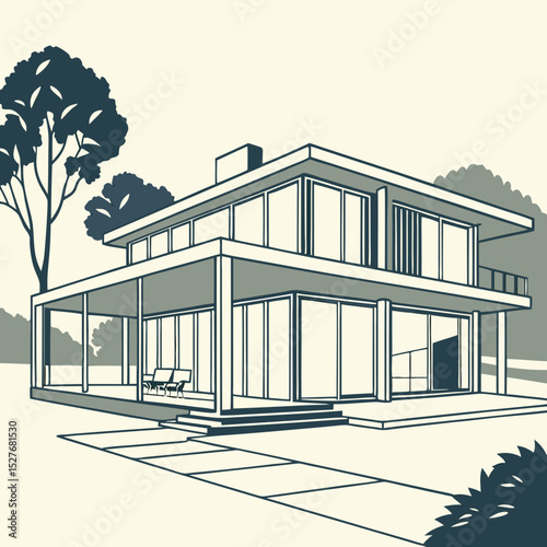 Modern two story house architectural line drawing