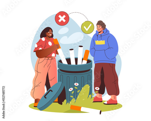 Couple throw cigarettes at trash can. Vector stop smoking poster or quit smoke sign. Placard for nicotine addiction awareness and lung health. Respiratory safety and tobacco prevention or disposal.