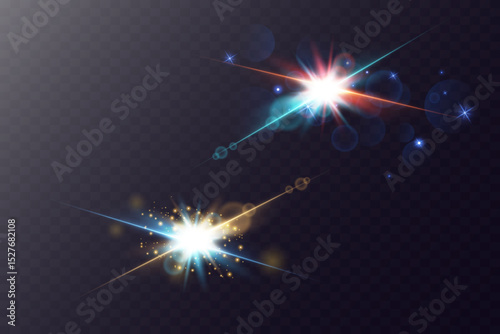 Light effects, glare, shine, explosion, light. Vector illustration. Light effect on transparent background.