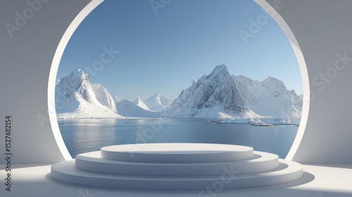 Circular Arctic Window Podium: 3D Rendered Minimalist Design for Product Showcase | Detailed Mountain-Sea View in White Background
