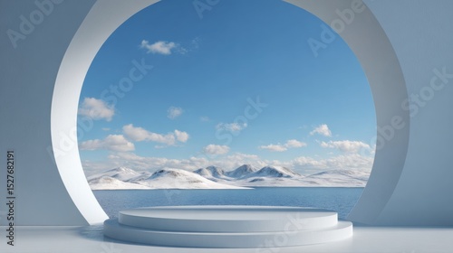 Circular Arctic Window Podium: 3D Rendered Minimalist Design for Product Showcase | Detailed Mountain-Sea View in White Background