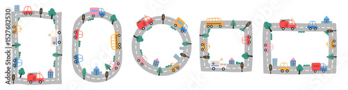 Cute cartoon frames decorated with roads highway and vehicles isolated set on white background