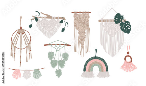 Handcrafted macrame home wall hanging decoration isolated set for hygge craft boho style design