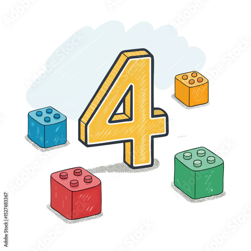 Colorful building blocks and number four in playful design for kids' education and creativity