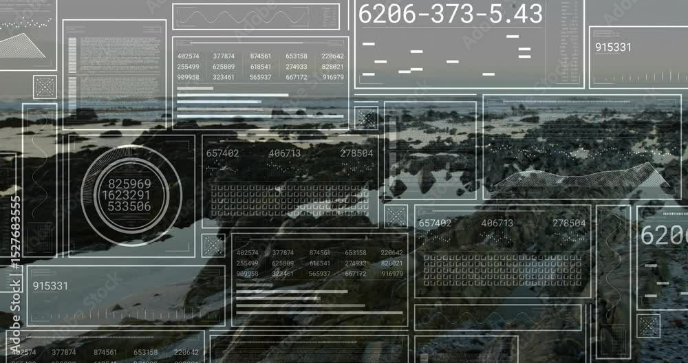 HUD fading over rocky coast, animating numeric readouts and simulating data scanning