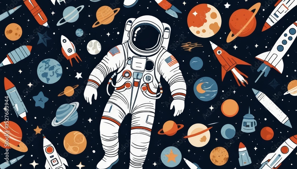 Fototapeta premium Pattern of astronaut in white spacesuit floating among planets, rockets, and stars on dark background representing space exploration and astronomy.