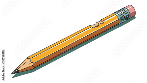 Cartoon illustration of a yellow pencil, bitten and used, isolated on white background
