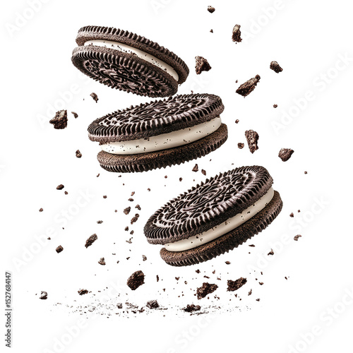 flying Oreo cookies with crumbs isolated on transparent white background png, clipping path