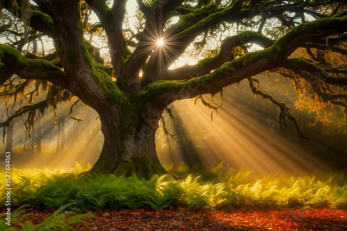 Majestic Ancient Oak Tree Bathed in Golden Sunlight photo
