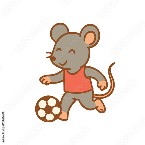 A cartoon mouse happily playing soccer with a football.