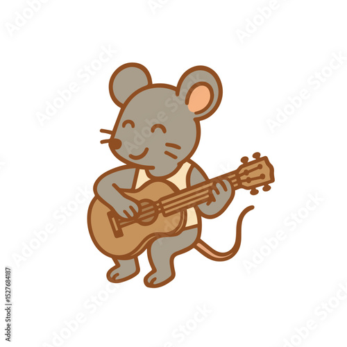A cute mouse playing the guitar with a happy smile on its face.