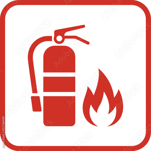 Fire Extinguisher and Flame Icon in Red Square Safety and Prevention Symbol Emergency Equipment and Fire Hazard Signage Vector Illustration