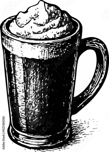 Classic coffee mug topped with whipped cream, hand-drawn with intricate details and textures in a black and white sketch style