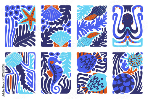 Sea ocean life seamless pattern blue color ornamental abstract blocks isolated set on white