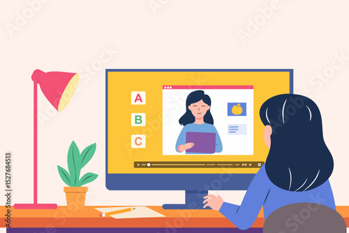 Happy English teacher giving virtual tutoring to a girl online with a video call on a computer at home. Student having a school lesson with support from an educator for a course via distance learning