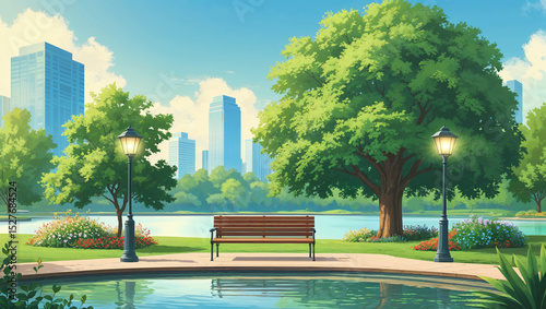 Serene city park scene featuring bench trees lake flowers and skyscrapers under blue sky