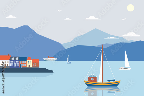 Landscape of Smögen, a town on the coast of Sweden, surrounded by ocean or sea, mountain and sky with houses on the pier. Swedish travel destination for summer or a fishing harbor landmark in Norway