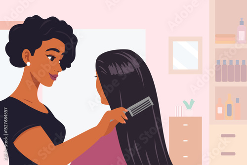 A black woman working as a hairdresser in a salon or small business. An African American person giving her client a hair straightening treatment with a hot comb for a stylish hairstyle with care