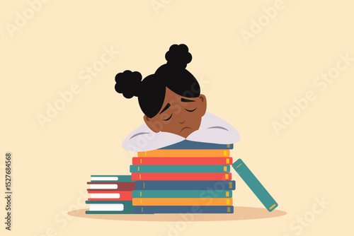 A black girl feeling sad from stress and pressure, studying for a school exam at a library, sleeping on a stack of books. Tired African American student having difficulties with learning her homework