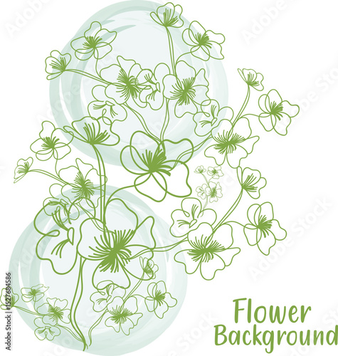 Elegant floral background with delicate green line art flowers and soft watercolor circles perfect for invitations cards or minimalist design projects with a touch of